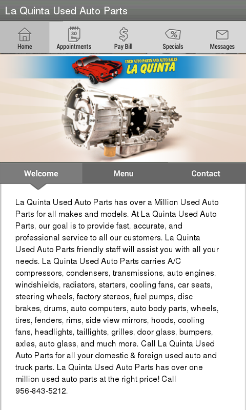 La Quinta Used Auto Parts's android app home screen La Quinta Used Auto Parts's android app home screen